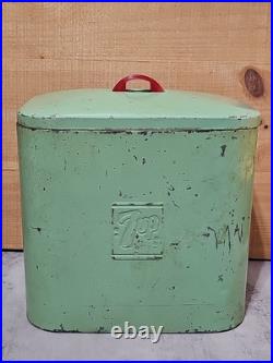 Rare Vintage Green 7up Branded Metal Airplane Cooler Soft Drink Tote with Handle Rare Vintage Green 7up Branded Metal Airplane Cooler Soft Drink Tote with Handle