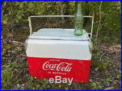 Rare Vintage Red & White Metal Coca Cola Cooler Picnic Low Boy Acton Mfg