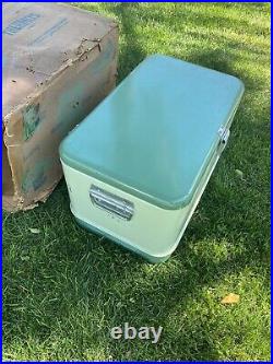 Rare Vintage Thermos /Coleman Two Tone Metal Ice Chest Cooler Green Olive Vw Bus