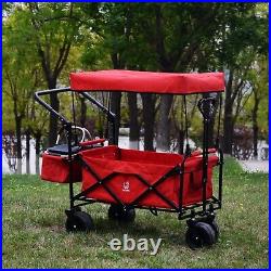 Red Collapsible Wagon Heavy Duty Folding Wagon Cart Removable Canopy Cooler Bag