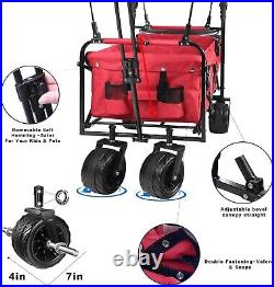 Red Collapsible Wagon Heavy Duty Folding Wagon Cart Removable Canopy Cooler Bag