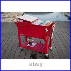 Red Patio Cooler 80 Qt Rolling Ice Chest with Bottle Opener Holds 110 Cans Metal