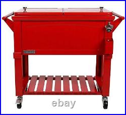 Red Patio Cooler 80 Qt Rolling Ice Chest with Bottle Opener Holds 110 Cans Metal
