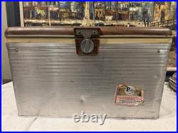 Retro Aluminum Poloron Ice Cooler Chest 40 Qt Wood Grain Top Vtg Camper 50s Prop