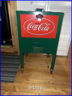 Retro Coca-Cola Green Rolling Picnic Cooler Metal with Opener Wheels & Drain