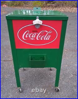 Retro Coca-Cola Green Rolling Picnic Cooler Metal with Opener Wheels & Drain