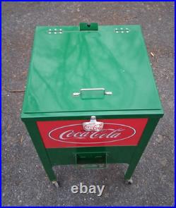 Retro Coca-Cola Green Rolling Picnic Cooler Metal with Opener Wheels & Drain