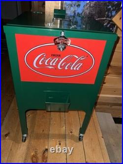 Retro Coca-Cola Green Rolling Picnic Cooler Metal with Opener Wheels & Drain