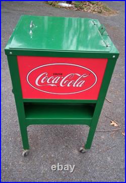 Retro Coca-Cola Green Rolling Picnic Cooler Metal with Opener Wheels & Drain