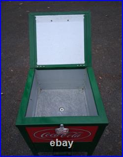 Retro Coca-Cola Green Rolling Picnic Cooler Metal with Opener Wheels & Drain