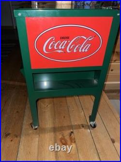 Retro Coca-Cola Green Rolling Picnic Cooler Metal with Opener Wheels & Drain