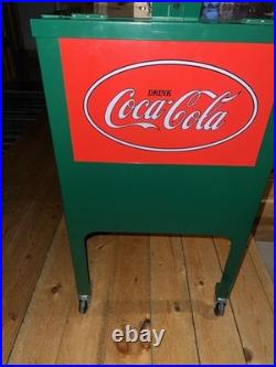 Retro Coca-Cola Green Rolling Picnic Cooler Metal with Opener Wheels & Drain