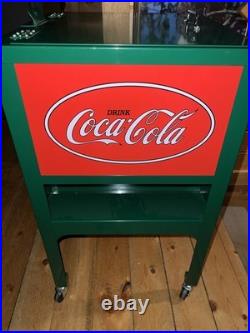 Retro Coca-Cola Green Rolling Picnic Cooler Metal with Opener Wheels & Drain