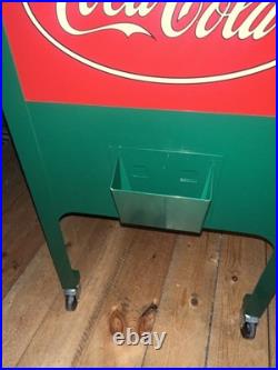 Retro Coca-Cola Green Rolling Picnic Cooler Metal with Opener Wheels & Drain