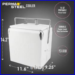 Retro Vintage 14-Qt Portable Ice Chest, Hard Metal Beverage Cooler, Personal