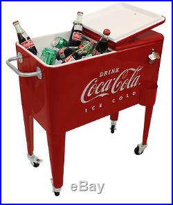 Rolling Cooler 65 Quart Retro Sturdy Metal Insulated Coca-Cola Ice Box Party