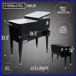 Rolling Patio Ice Chest Black 80 Qt with Bottle Opener Locking Wheels Steel Metal