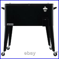 Rolling Patio Ice Chest Black 80 Qt with Bottle Opener Locking Wheels Steel Metal