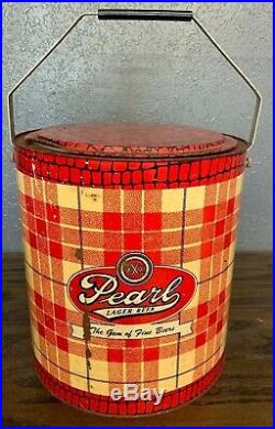 Scarce Vintage Pearl Lager Beer Poloron Plaid Metal Round Cooler Ice Chest