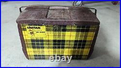 Tartan Yellow Plaid Metal Ice Box Chest Insulated Poloron VTG Picnic Basket NEAT