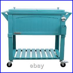 Teal Patio Cooler Rolling Ice Chest 80 Qt with Bottle Opener Holds 110 Cans Metal