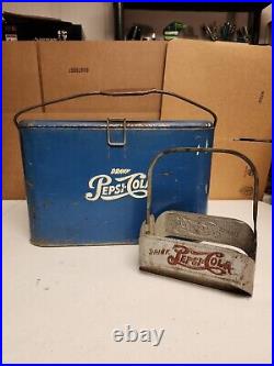 U6 VINTAGE 1950's PEPSI COLA COOLER ICE CHEST EMBOSSED BLUE METAL with GALV BOX