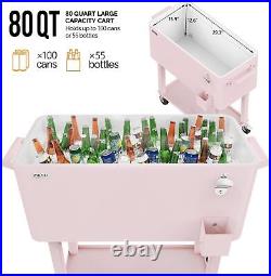 VINGLI 80 Quart Pink Portable Rolling Ice Chest with Shelf Beverage Pool