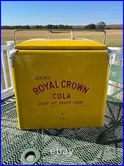 VINTAGE 1950'S ROYAL CROWN COLA METAL COOLER YELLOW with REMOVEABLE TRAY