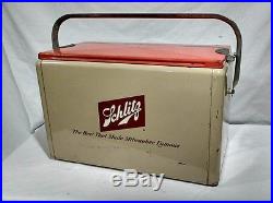 VINTAGE 1950s SCHLITZ BEER CAN BOTTLE ICE METAL COOLER BAR Tan/Orange NICE