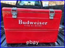 VINTAGE BUDWEISER 1950s RED METAL BEER COOLER W ORIG ICE PICK, CAN/BOTTLE OPENER