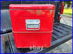 VINTAGE BUDWEISER 1950s RED METAL BEER COOLER W ORIG ICE PICK, CAN/BOTTLE OPENER