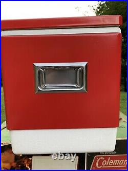 VINTAGE IN BOX 1970's Coleman Metal Cooler Camping Ice Chest Red 22 x 16 x 13