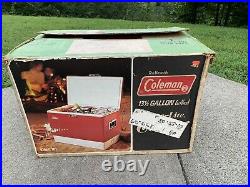 VINTAGE IN BOX 1970's Coleman Metal Cooler Camping Ice Chest Red 22 x 16 x 13