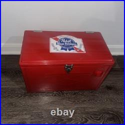 VINTAGE RED BEER SOLID METAL COOLER vgc+ condition light wear