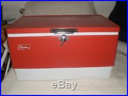 VINTAGE RED COLEMAN COOLER ICE CHEST METAL With TRAY 1970'S TAILGATE CAMP 22 NICE