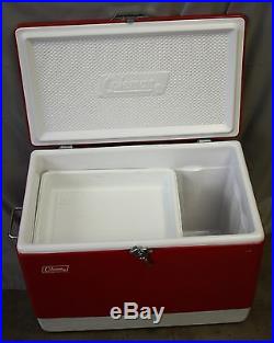 VINTAGE RED COLEMAN METAL COOLER 28IN With1 TRAY, BOTTLE OPENER