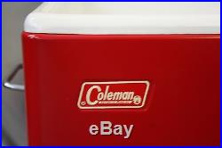 VINTAGE RED COLEMAN METAL COOLER 28IN With1 TRAY, BOTTLE OPENER