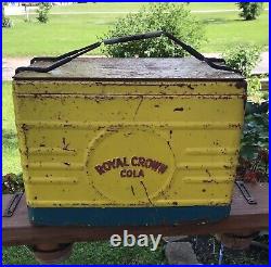 VINTAGE ROYAL CROWN COLA YELLOW and BLUE METAL COOLER ICE CHEST W TRAY