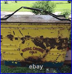 VINTAGE ROYAL CROWN COLA YELLOW and BLUE METAL COOLER ICE CHEST W TRAY