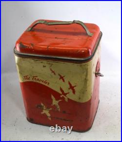 VINTAGE The Traveler Ice Box Tin Litho Picnic Cooler Metal Chest