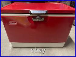VTG 1970s COLEMAN Red Metal Cooler/Ice Chest withHandles, Openers & Drain 22X16X14