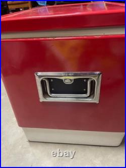 VTG 1970s COLEMAN Red Metal Cooler/Ice Chest withHandles, Openers & Drain 22X16X14