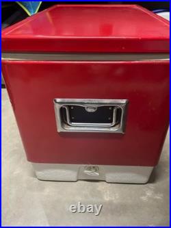 VTG 1970s COLEMAN Red Metal Cooler/Ice Chest withHandles, Openers & Drain 22X16X14