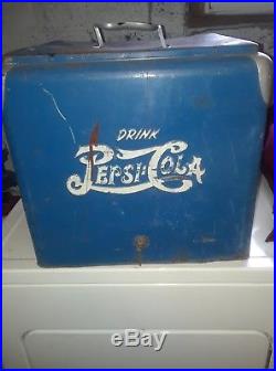 VTG Drink Pepsi Cola Double Dot Large Blue Metal Ice Cooler Ad. & Tray Orginal