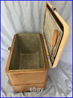 VTG LITTLE BROWN CHEST Metal Ice Box Cooler 16, Tray, Bottle Opener, Ice Pick