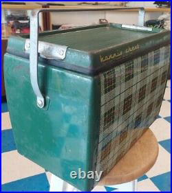 Vintage 1940s 15in Tartan Plaid Bonnie Chest Metal Cooler Ice Chest Box Tray MCM