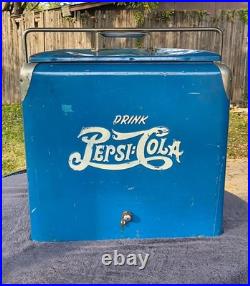 Vintage 1940s Double Dot Drink Pepsi Cola Blue Metal Ice Chest withTray Rare