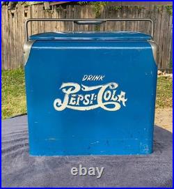 Vintage 1940s Double Dot Drink Pepsi Cola Blue Metal Ice Chest withTray Rare