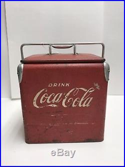 Vintage 1950 Embossed Coca Cola Coke Logo Metal 6 Pack Size Cooler Ice Chest