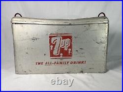 Vintage 1950's Aluminum 7UP Picnic Advertising Metal Cooler Ice Chest Cronstroms